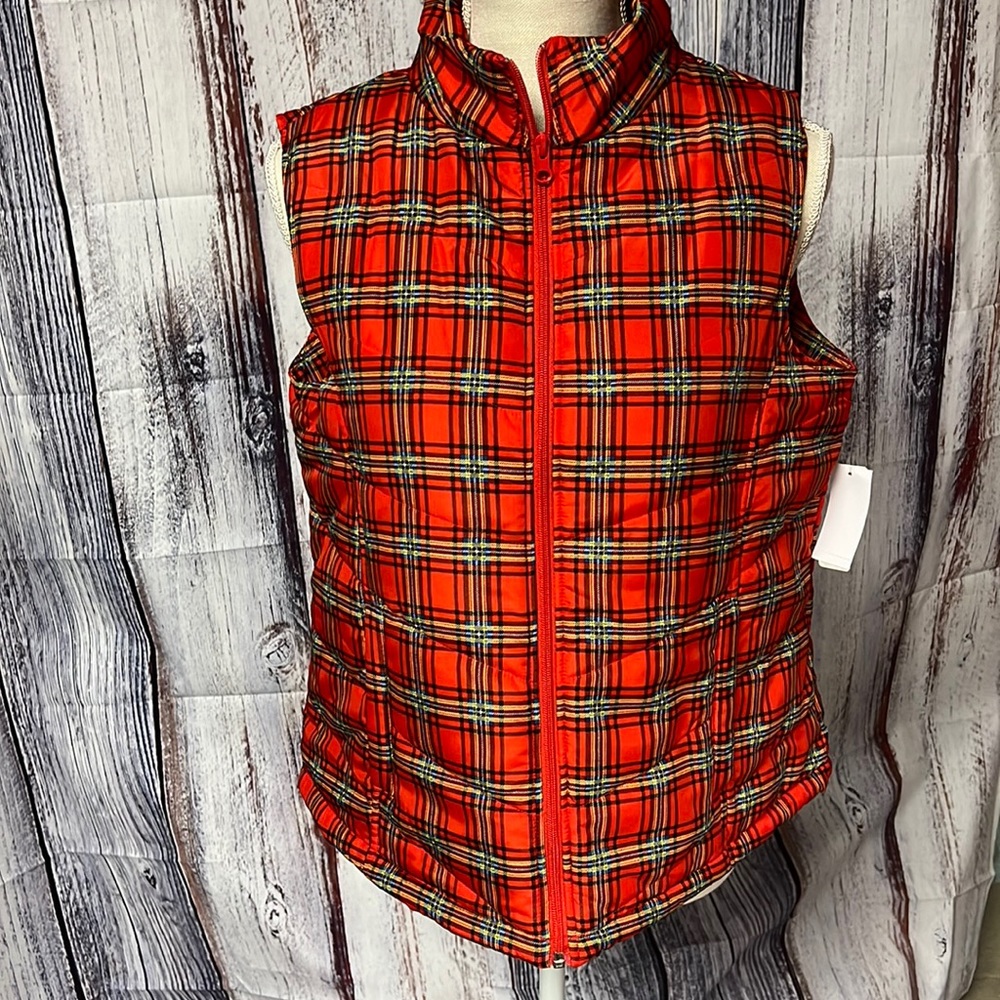 Women’s Laura Scott red plaid zip up vest SML petite NEW